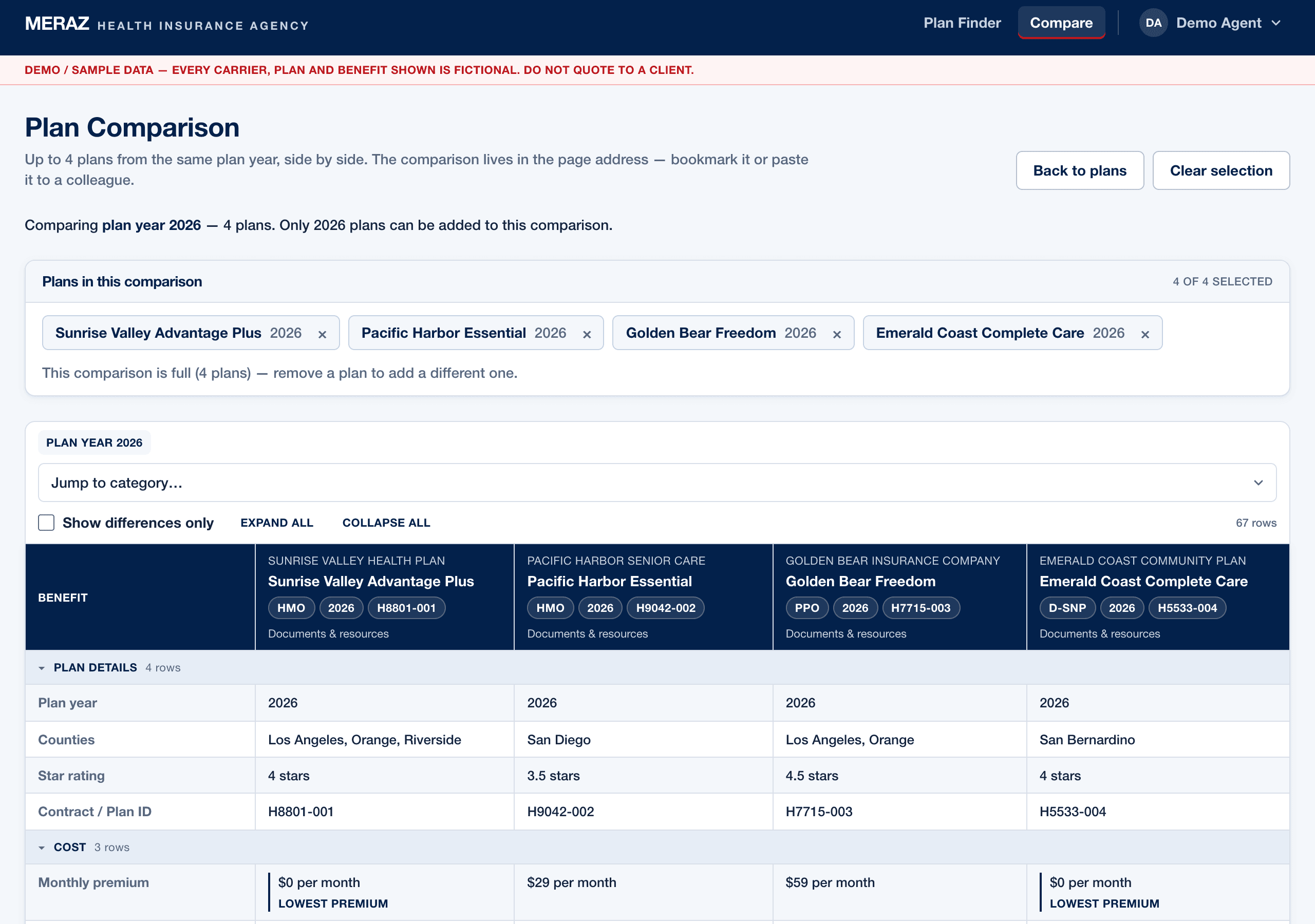 The Meraz comparison grid: four demo Medicare plans side by side, one row per benefit, with sticky navy plan headers, plan-year chips on every plan, and a visible demo-data notice.