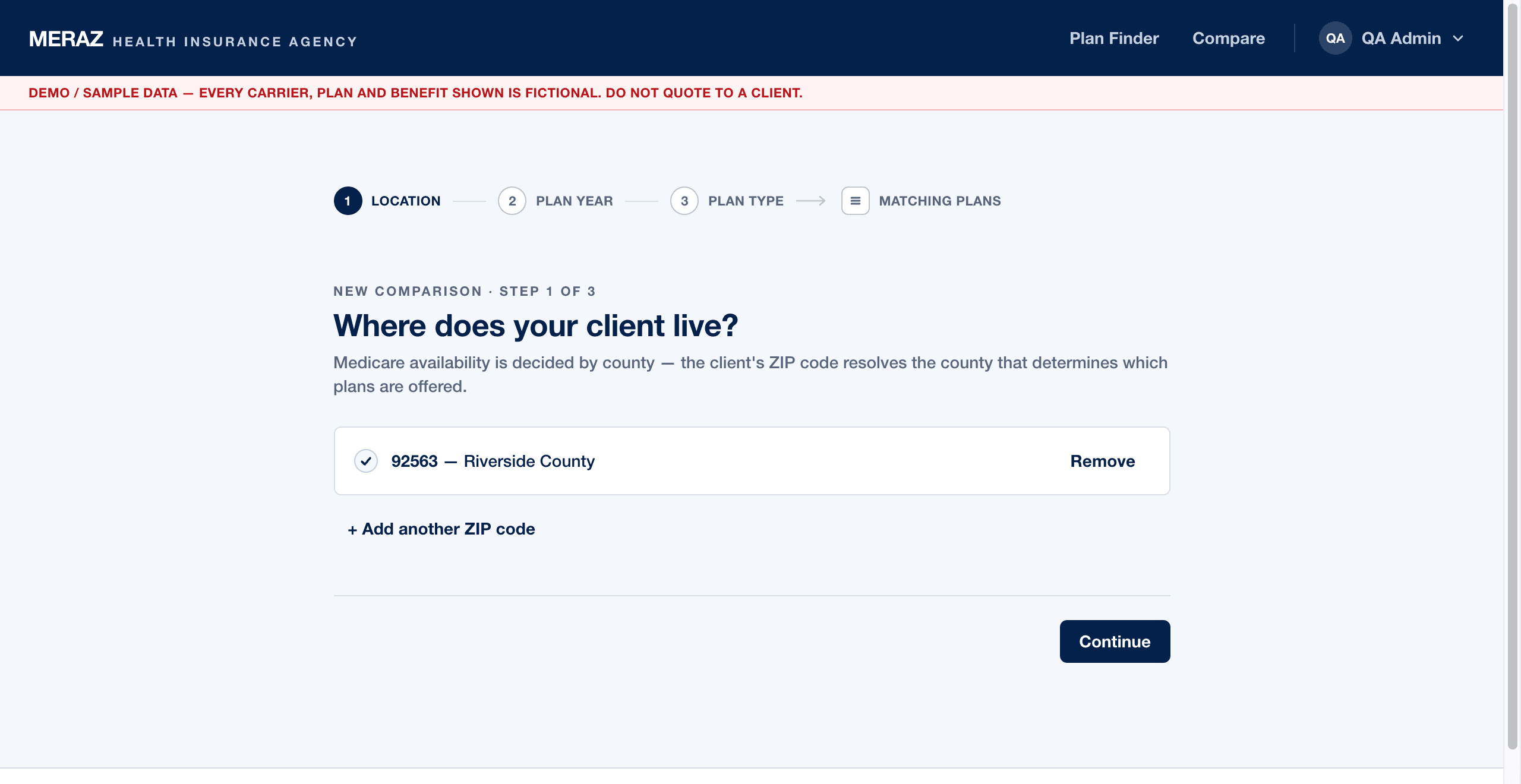 The wizard's Location step asking “Where does your client live?” — the client’s county of residence chosen from the counties the tool serves, Riverside County, with the numbered progress line above and the demo-data notice at the top.