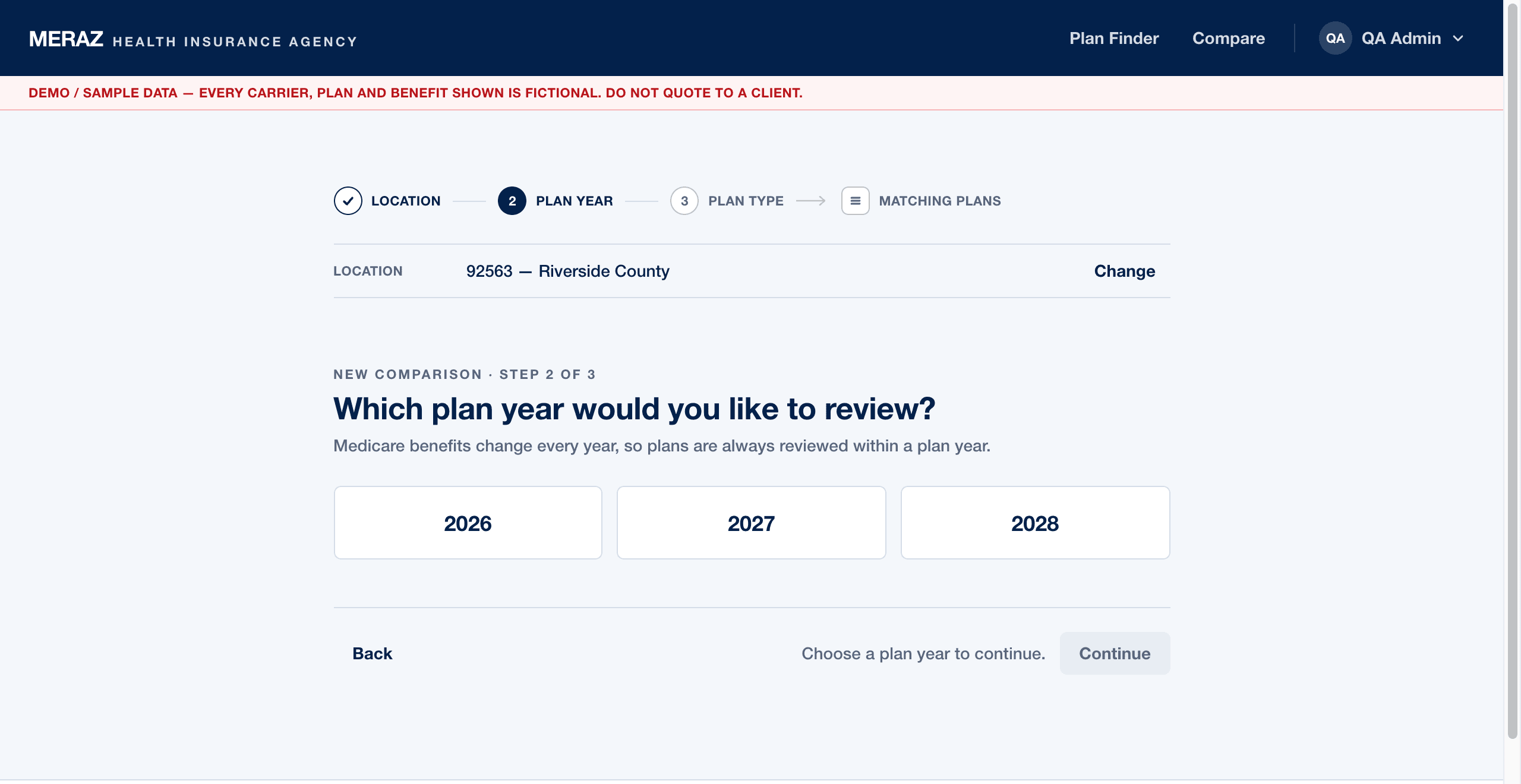 The wizard's Plan Year step asking which plan year to review, with the confirmed location summarized above and the available years presented as large tiles.
