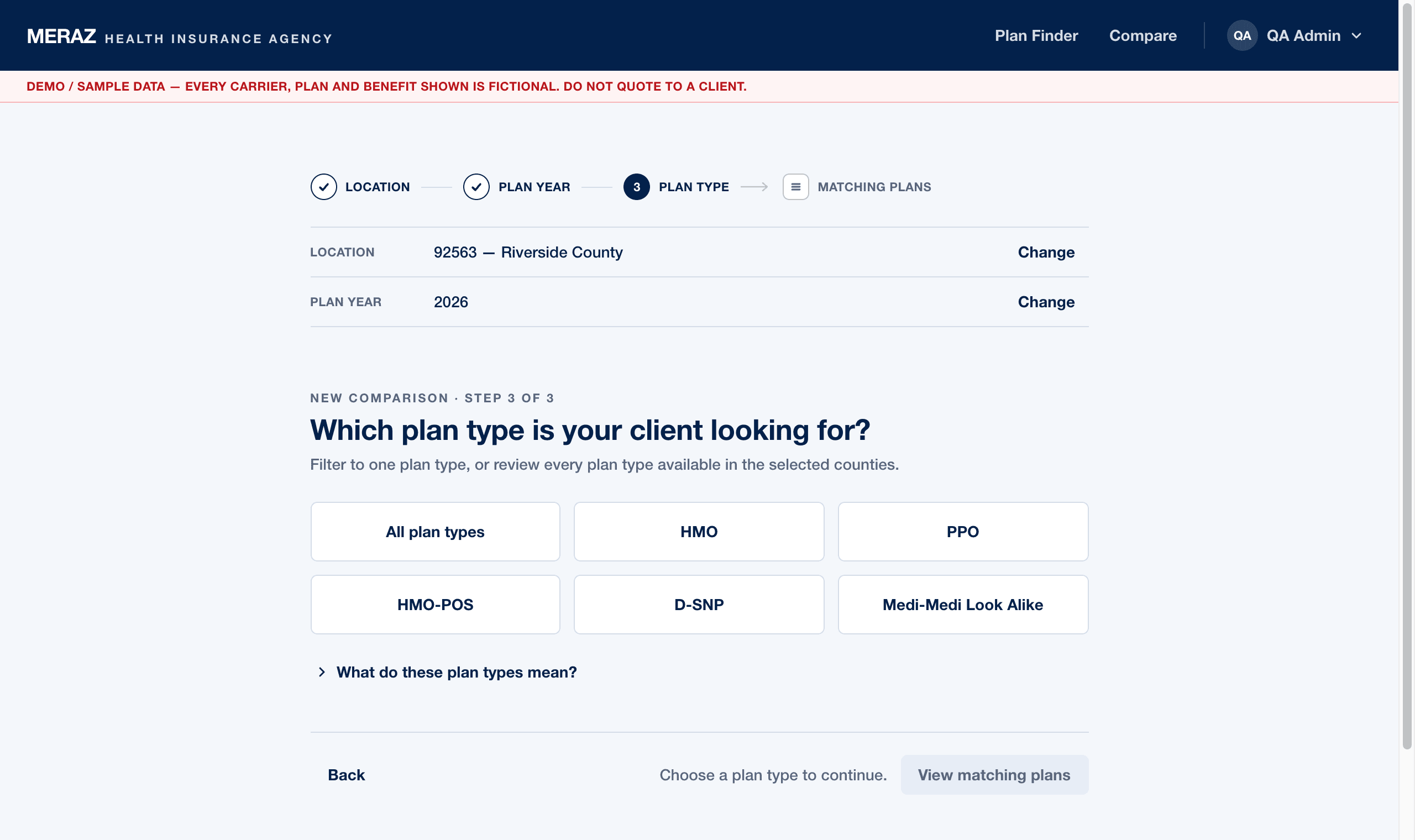The wizard's Plan Type step asking which plan type the client is looking for — tiles for All plan types, HMO, PPO, HMO-POS, D-SNP and Medi-Medi Look Alike — with the confirmed location and plan year summarized above.