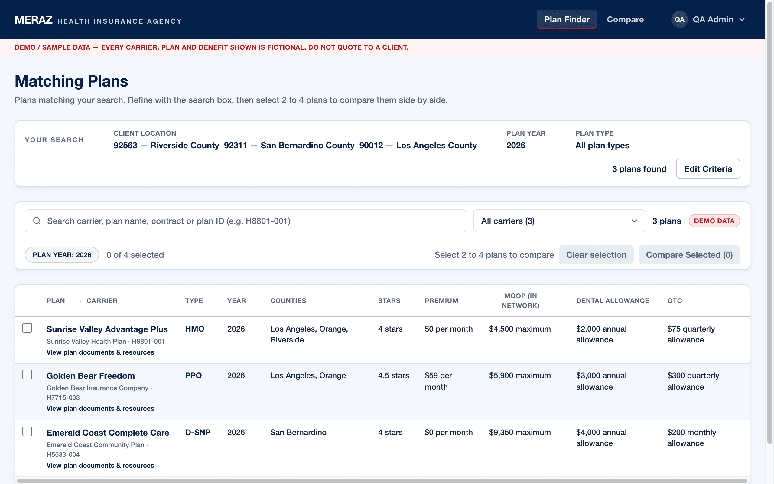 The Matching Plans screen listing three fictional demo plans for the confirmed counties, year and plan type, with the full search criteria summarized above the results and a checkbox on every row.