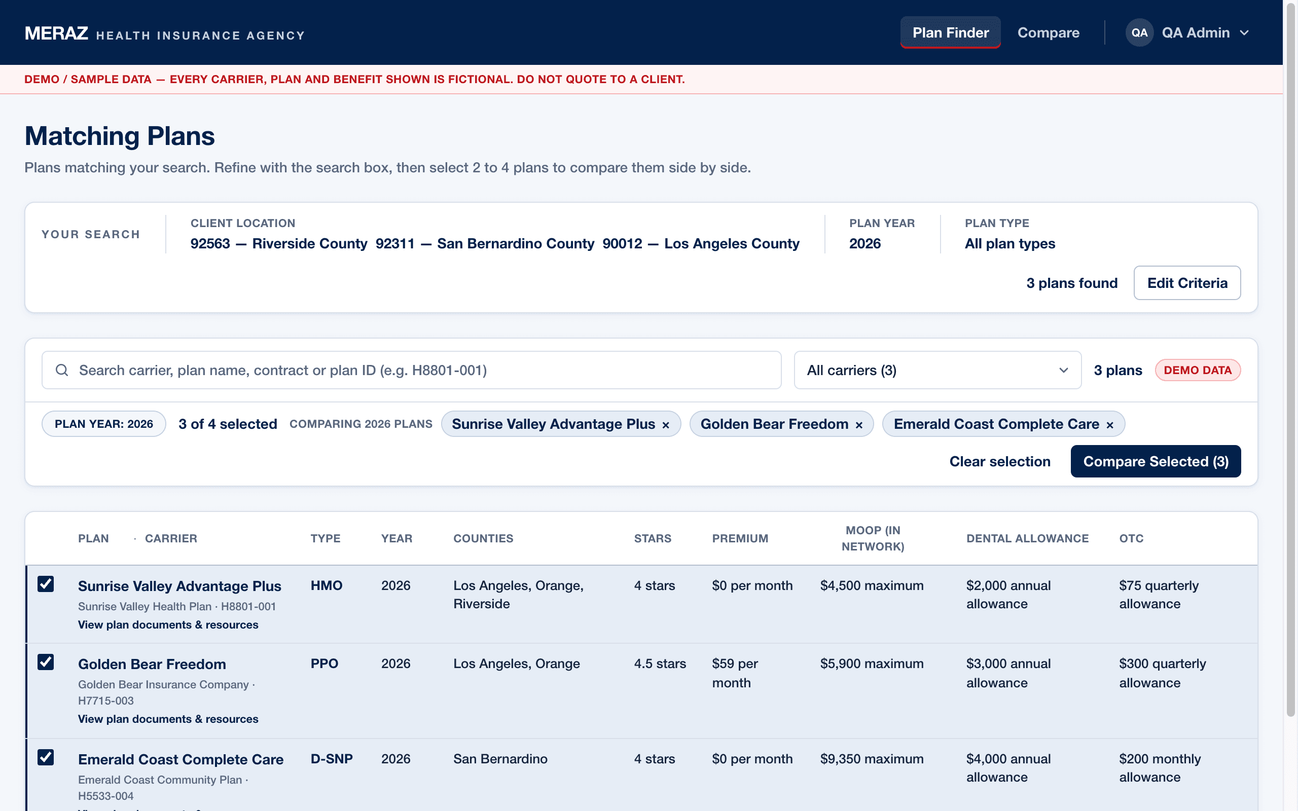 The Matching Plans screen with three demo plans checked for comparison — the selection strip above the table names each picked plan and shows the Compare Selected action.