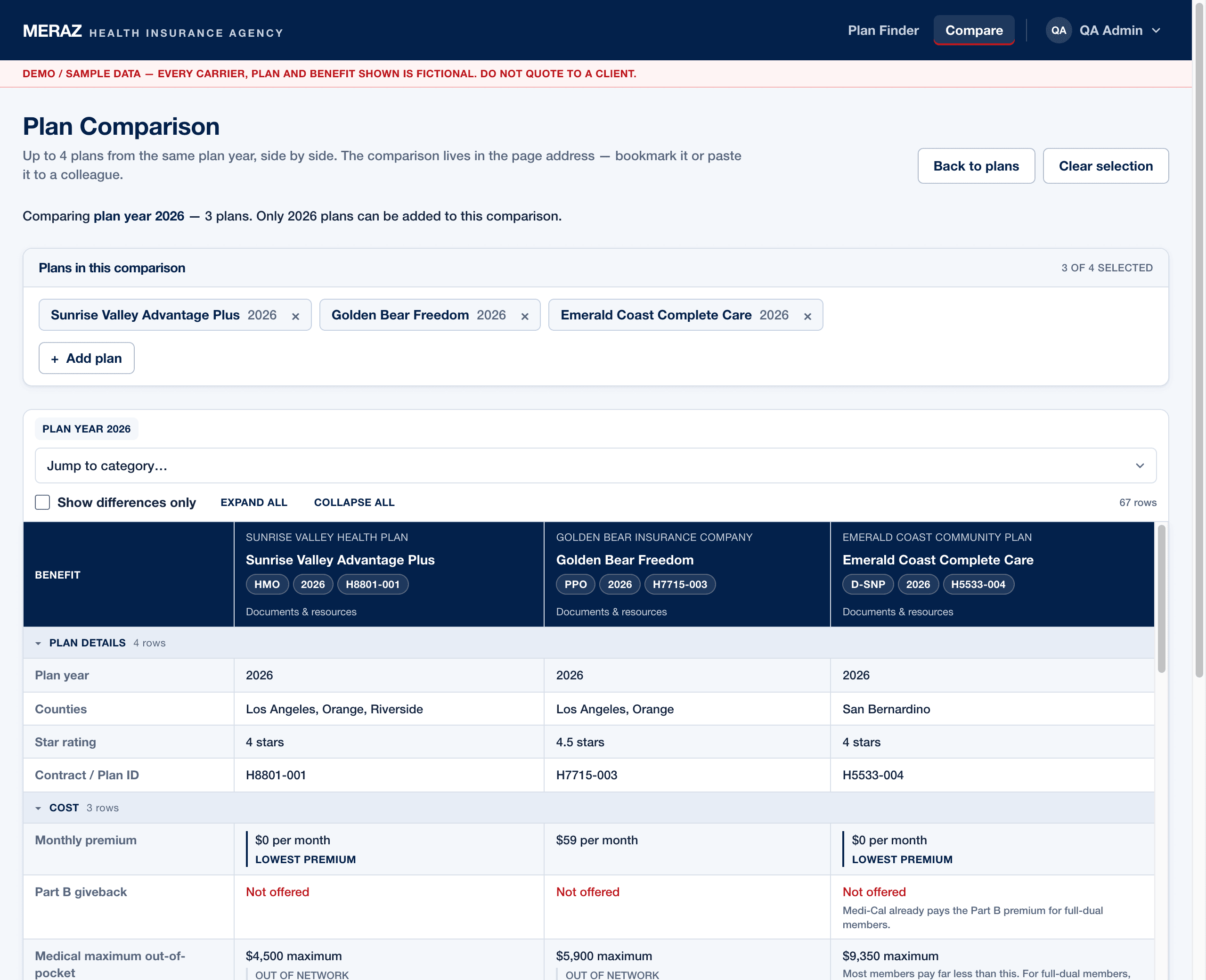 The Plan Comparison screen with three fictional 2026 demo plans side by side — sticky navy plan headers, one row per benefit, and plan details and costs aligned for direct comparison.