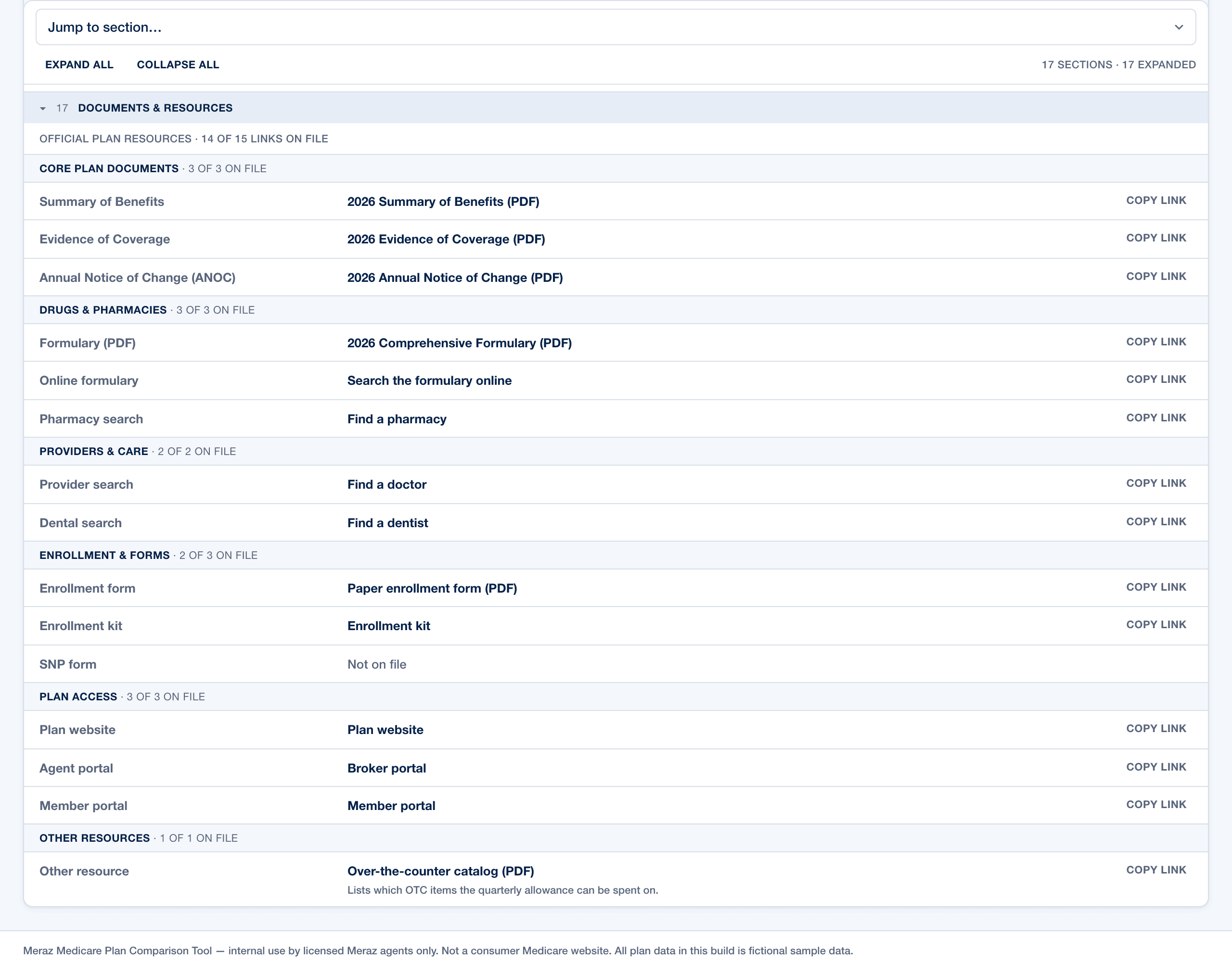 The Documents & Resources view for a demo plan — the official plan documents, including the Summary of Benefits, Evidence of Coverage and formulary, grouped for direct access.